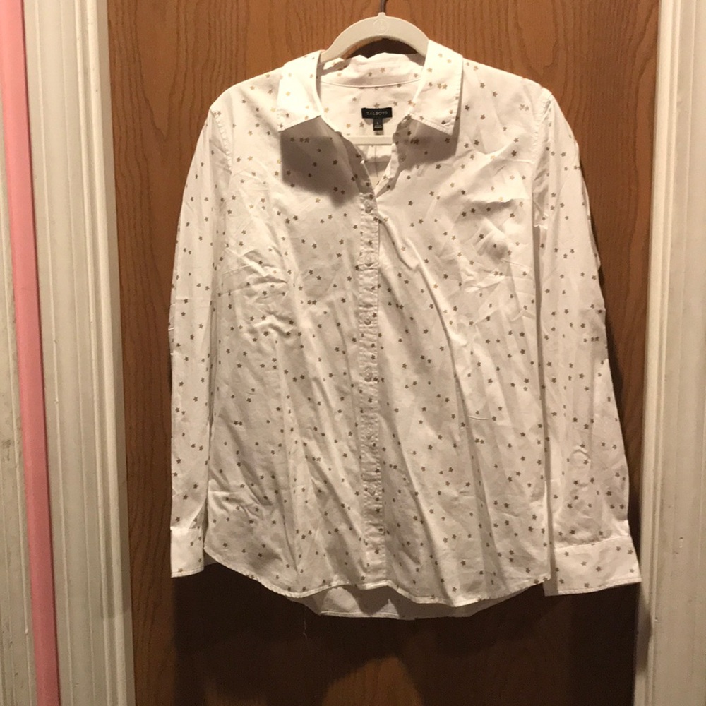 A white and gold button up from Talbots